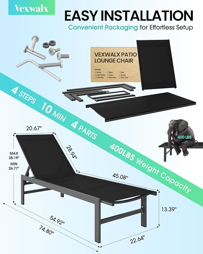 Outdoor Lounge Chairs Set of 3, Aluminum Chaise Lounge Chairs with 5-Position...