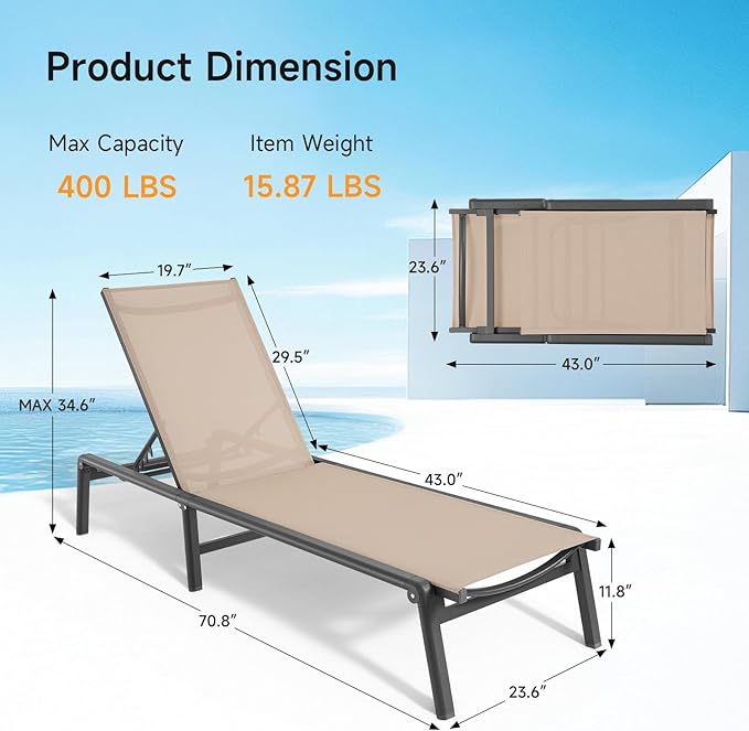 ONBRILL Aluminum Chaise Lounge Chair Outdoor, Foldable & Assembly Free Ou...