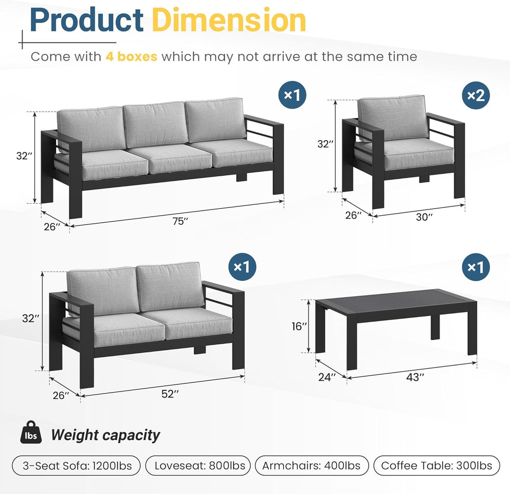 Aluminum Patio Furniture Set, All Weather Patio Sofa with 10" Back Cushion