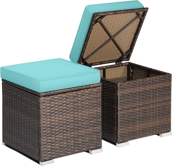 RELAX4LIFE Wicker Outdoor Storage Ottoman, 2-Piece Rattan Footstool w/Removab...
