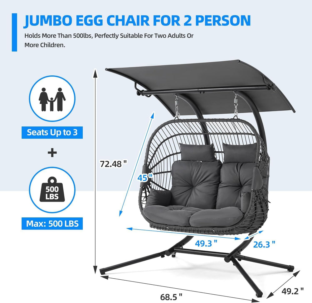 Double Egg Chair with Removable & Adjustable Canopy, Oversized Hanging Sw...