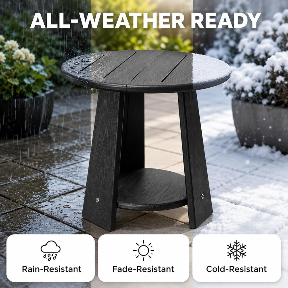 Round Outdoor Side Table, 2-Tier Small HDPE Side Table, Black