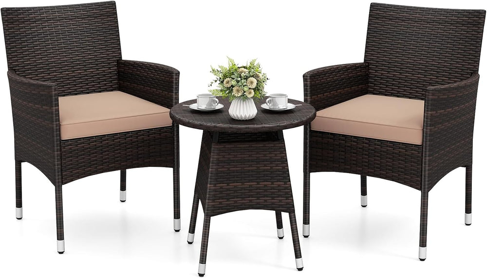 Tangkula 3 Piece Patio Furniture Set, Hand-Woven PE Wicker Conversation Set w...