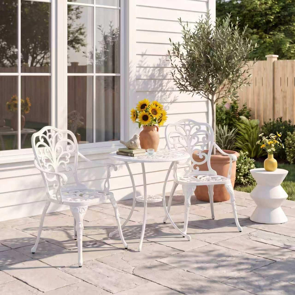 Outdoor Bistro Table and Chairs Set of 2, White Metal Patio Bistro Set, Cast ...