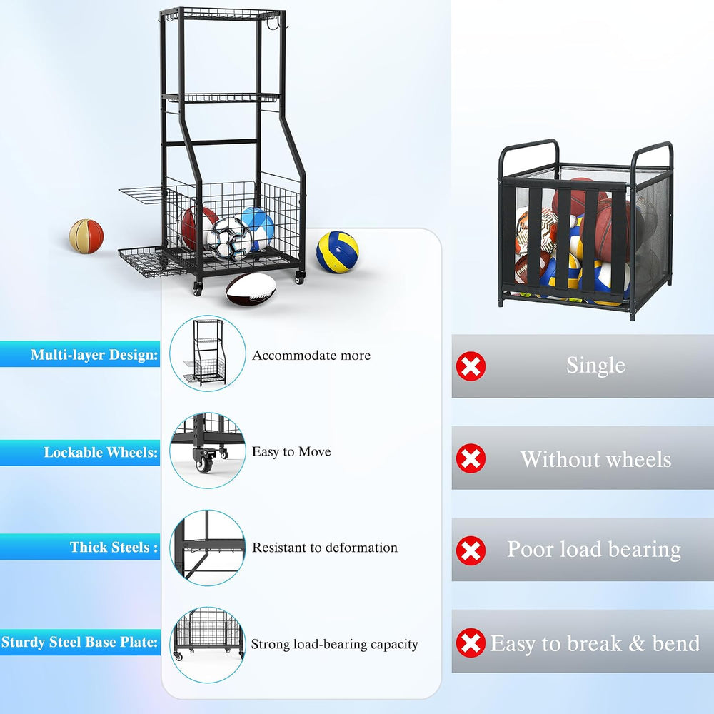 Sports Equipment Garage Organizer,Garage Ball Storage Rack for Sports with Wh...