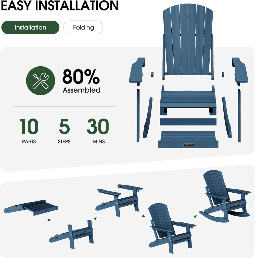 4-in-1 Rocking Adirondack Chair with Footrest, HDPE, Navy Blue