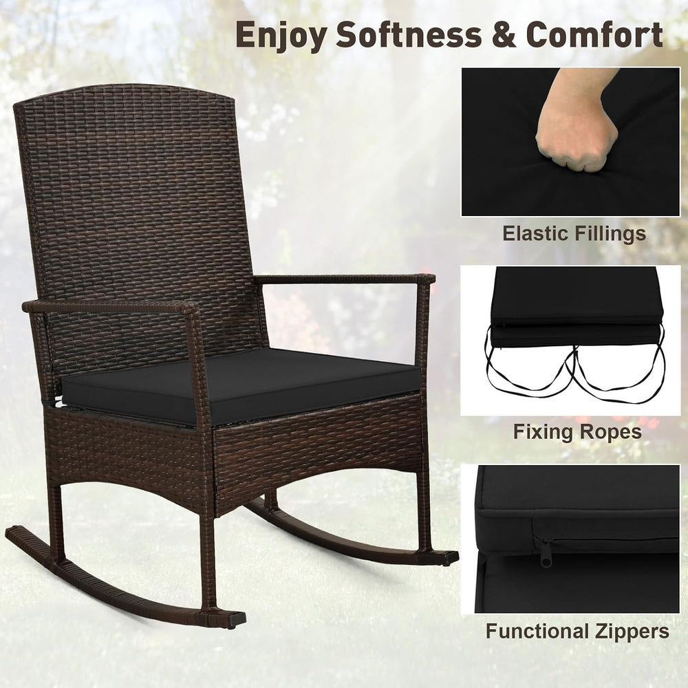 ORALNER 3 Pieces Patio Rocking Chair, Wicker Bistro Set w/Cushions (Black)