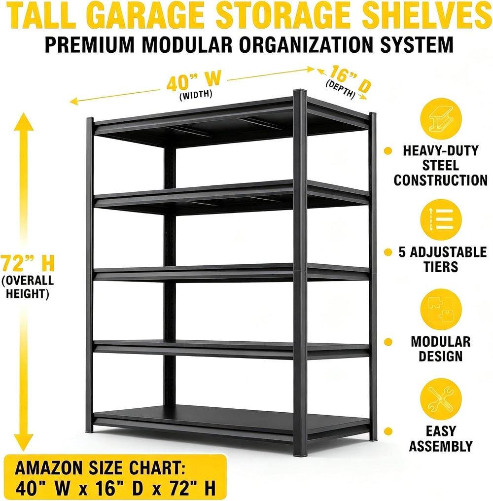 5-Tier Garage Shelving Bolt-Free Metal Shelving 40" W x 16" D x 72&...