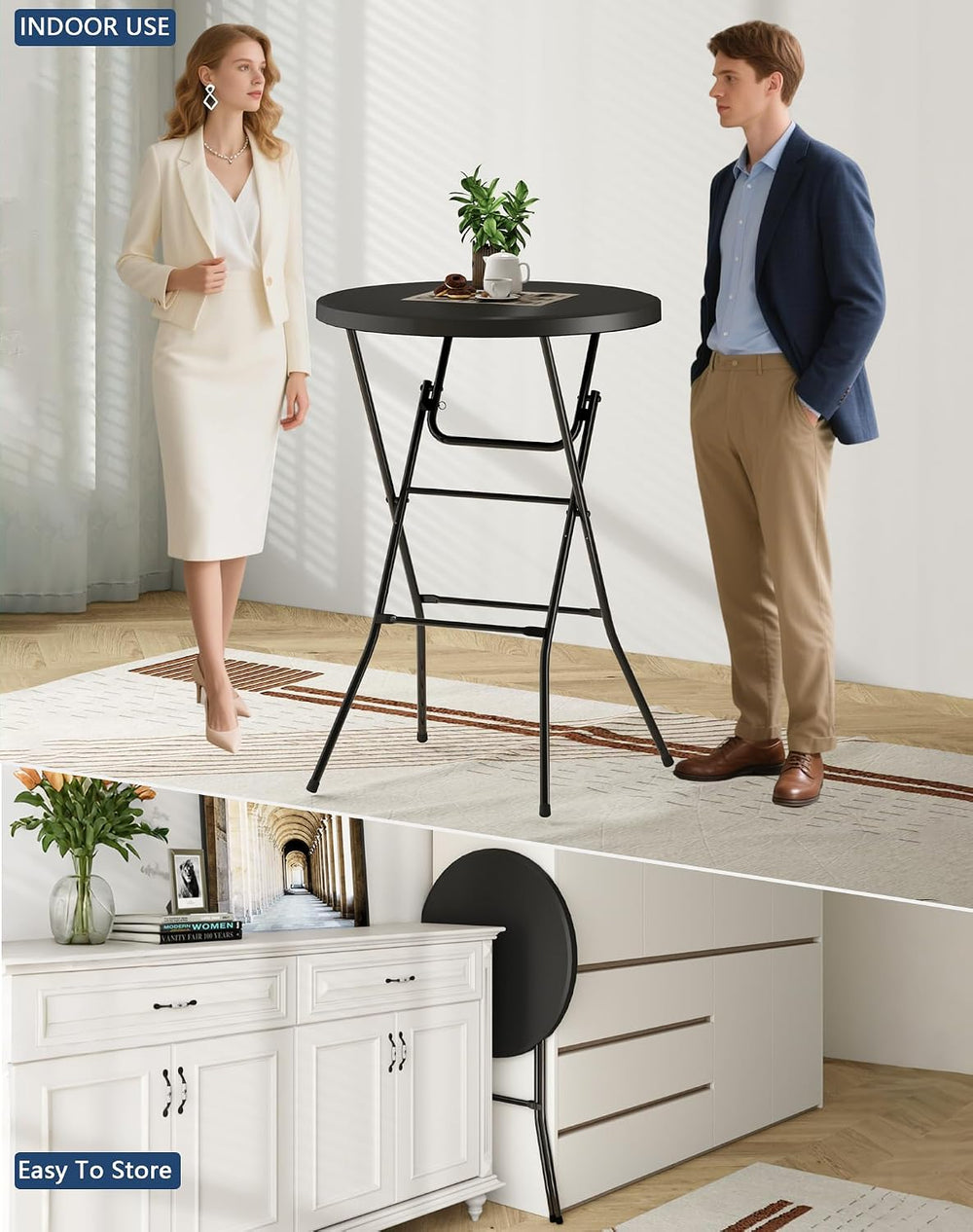32" Round Folding Table, Plastic Bar Height Tables for Parties, Black