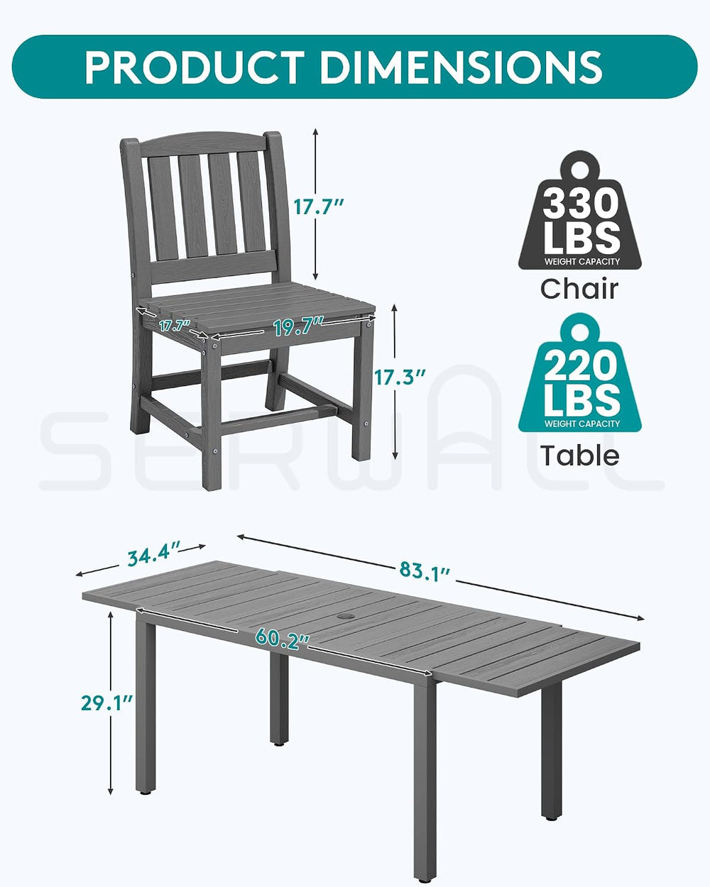 SERWALL Patio Dining Sets for 8 with 15FT Patio Umbrella, Grey