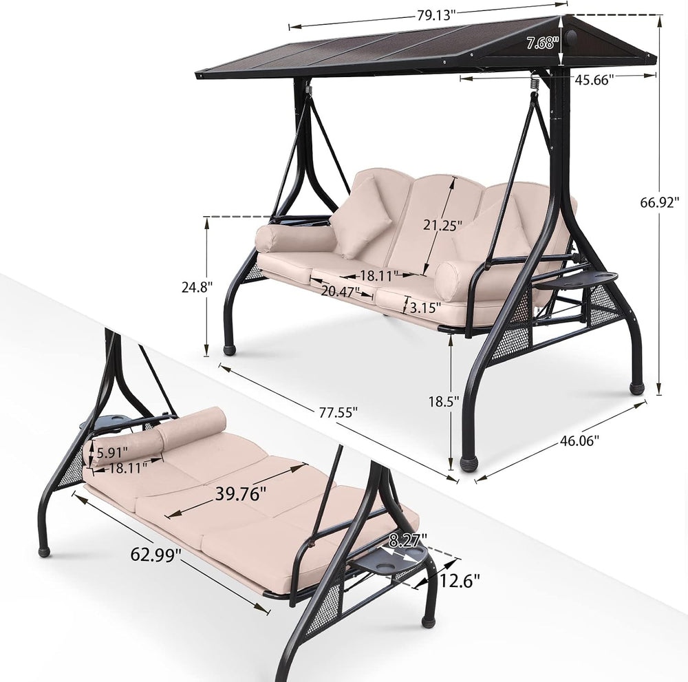 NOBLEMOOD Hardtop Patio Porch Swing with Convertible Backrest & Side Tables