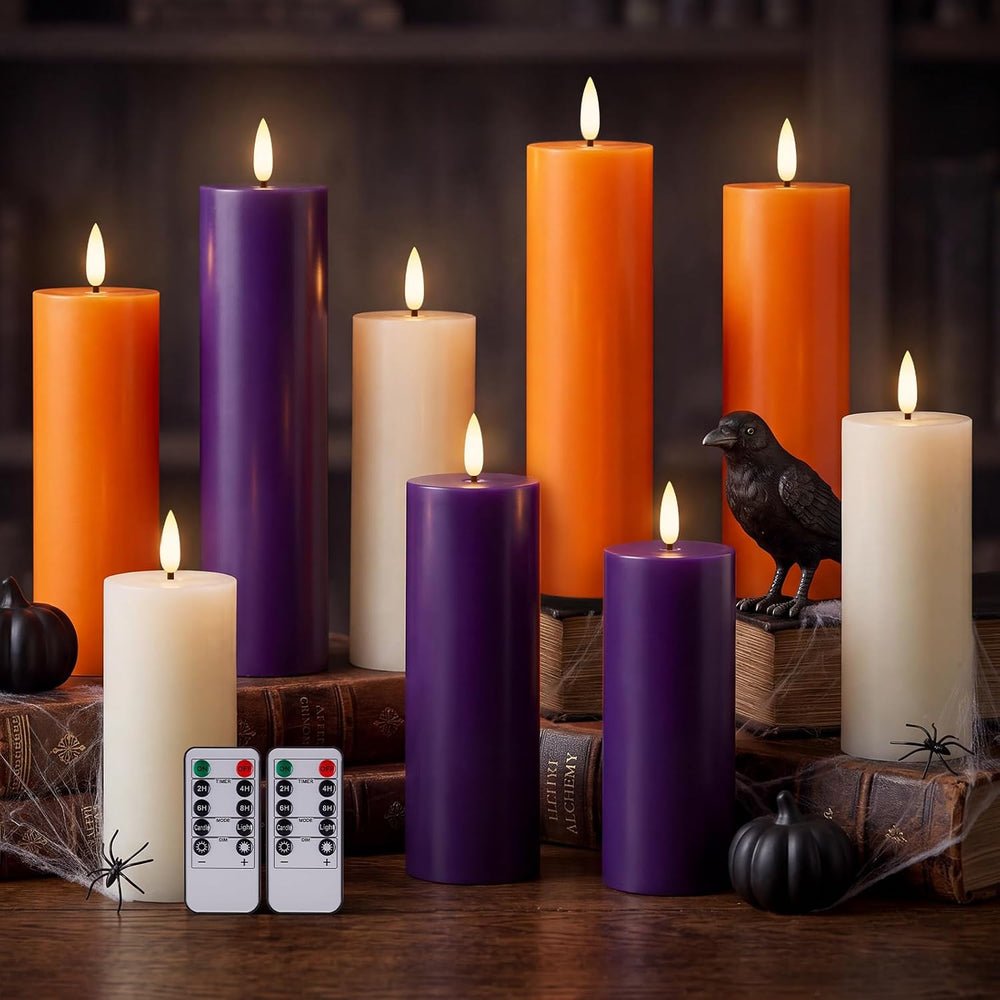 Retisee 9 Pcs Halloween Flameless Pillar Candle with Remote Halloween Decor