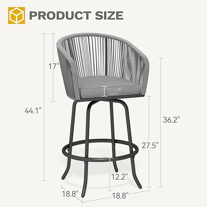 DWVO Outdoor Counter Height Bar Stools Set of 2, Patio Swivel Bar Chairs with...