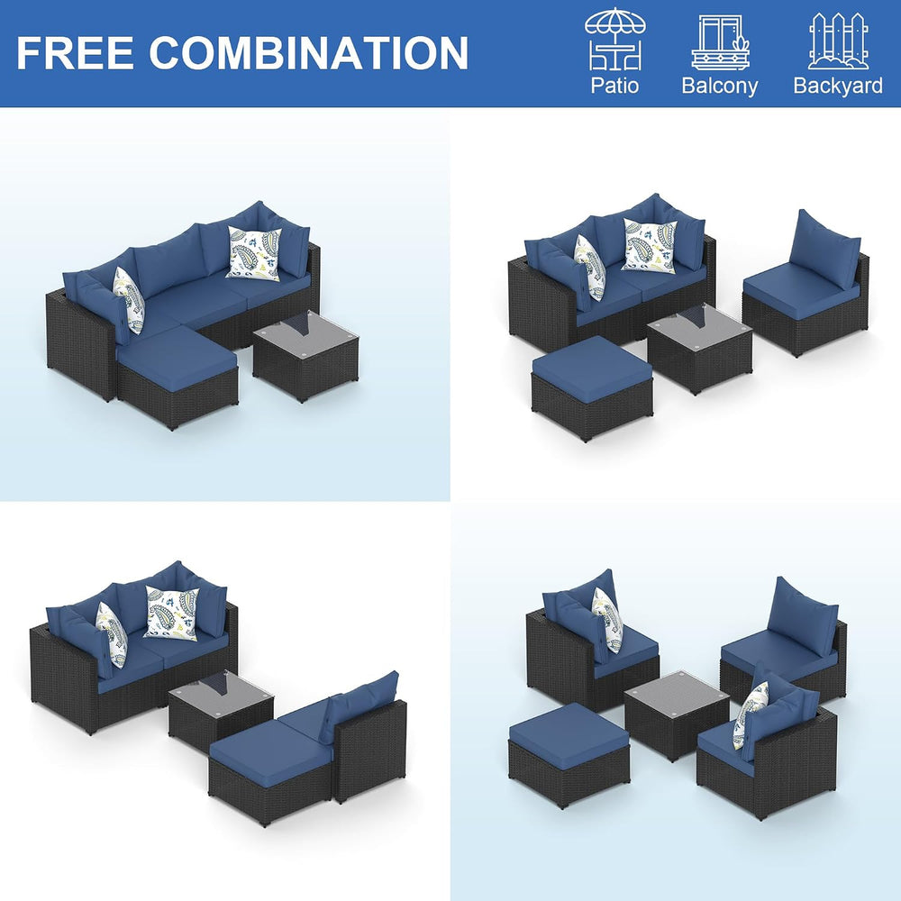 Patio Furniture Set, 5PCS Outdoor Sectional w/ Ottoman & Cushion, Navy Blue