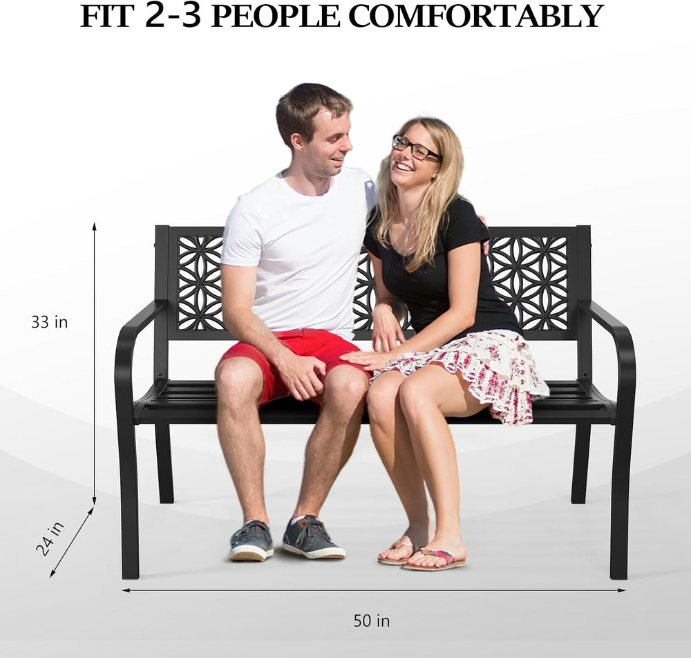 VINGLI 50" Outdoor Bench Metal with Floral Back, Garden Bench Front Porc...