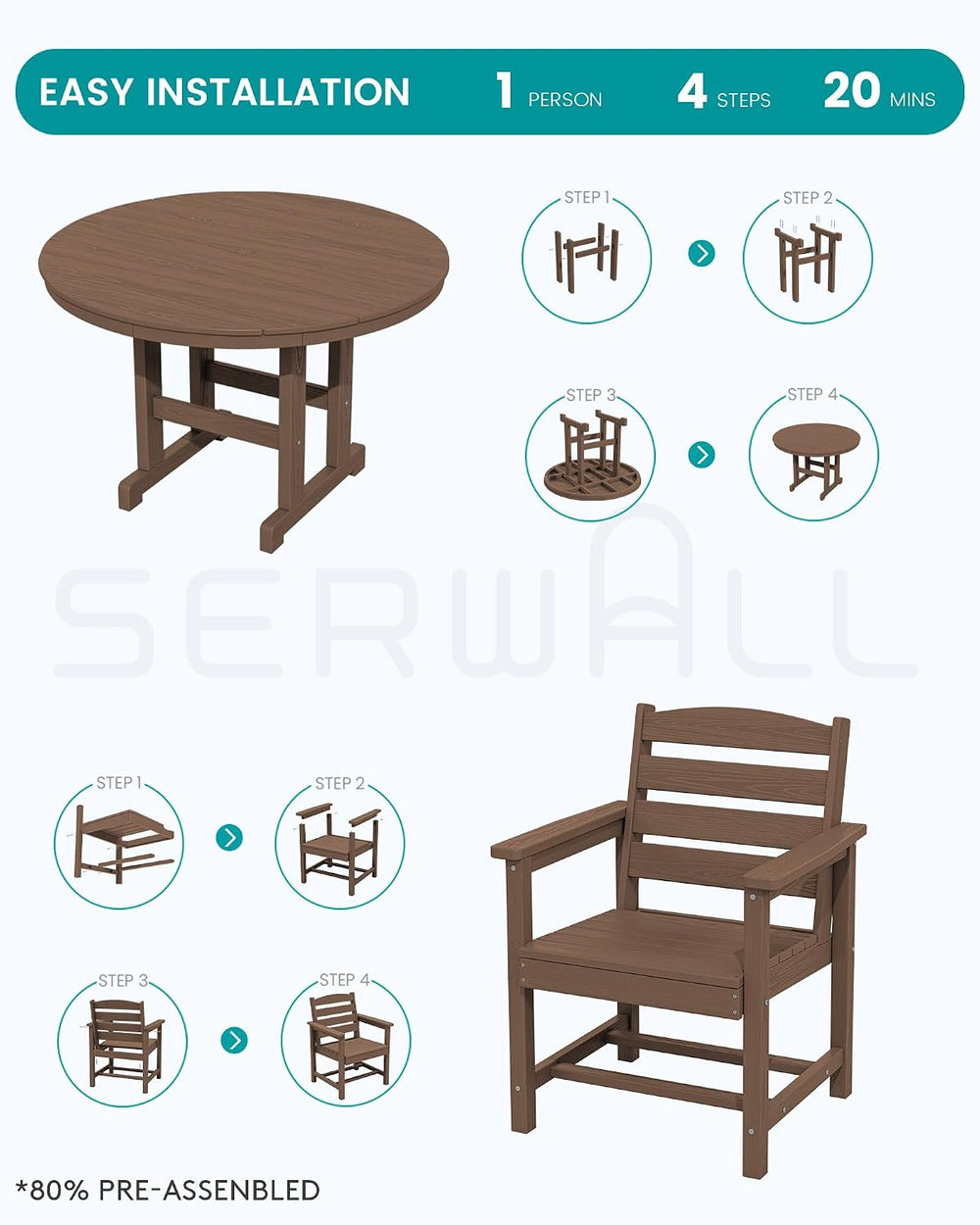 SERWALL 6-Pc Dining Set, 45" Table, 4 Chairs&9FT Umbrella, Brown (No...