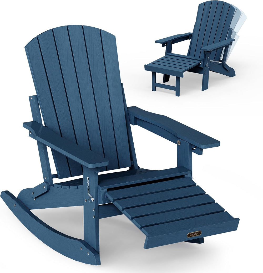 4-in-1 Rocking Adirondack Chair with Footrest, HDPE, Navy Blue