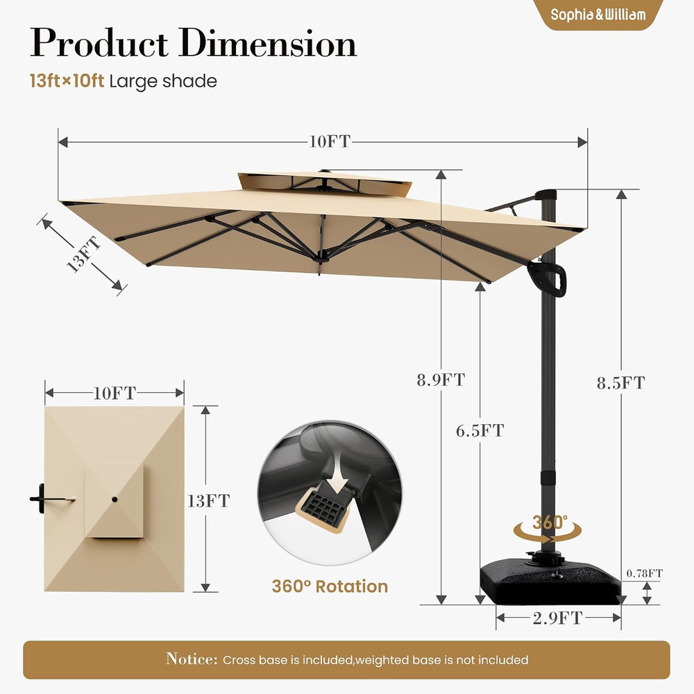 10'x 13' Cantilever Patio Umbrella with 360° Rotation & Base, Beige