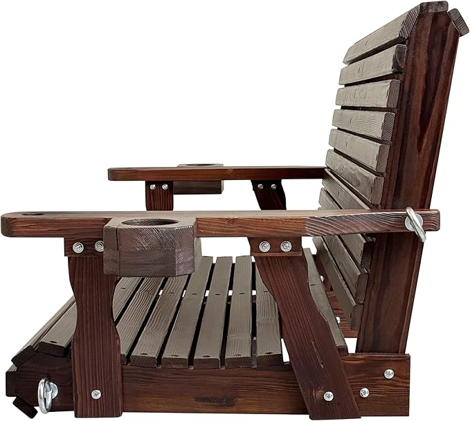 Wooden Porch Swing 2-Seater, High Backrest and Deep Seat, Bench Swing with Cu...