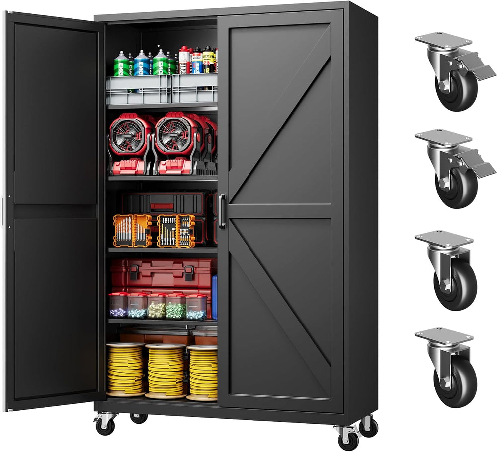 Deep & Wide Rolling Garage Storage Cabinets with Wheels & 2 Barn Door
