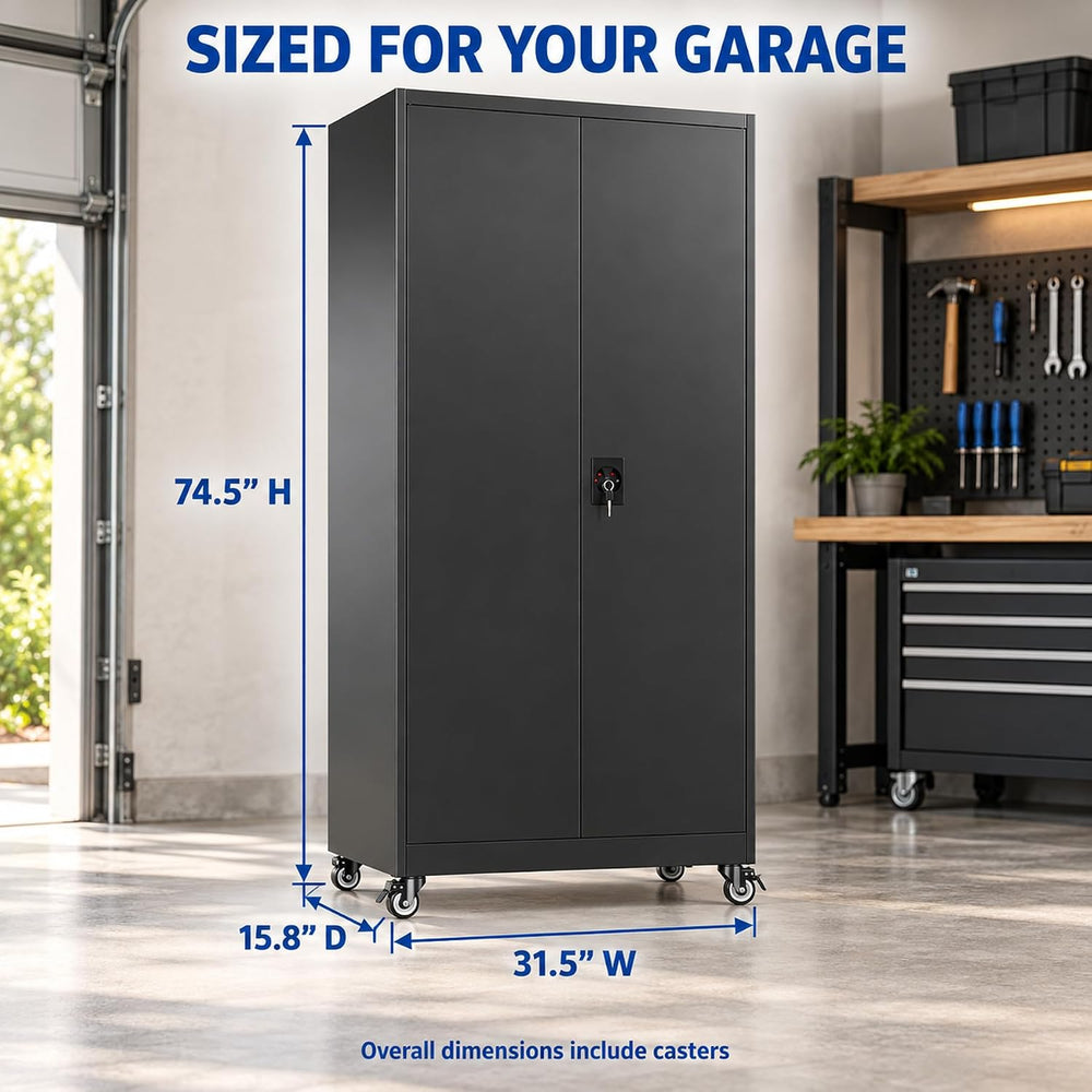 BYNSOE Metal Garage Storage Cabinet with Wheels,Metal Storage Cabinet with Ad...