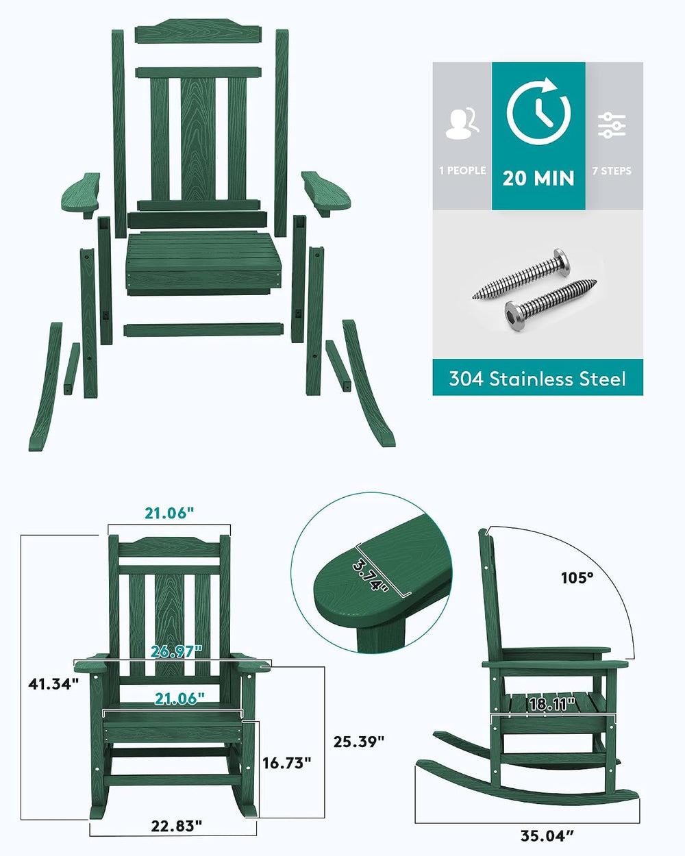SERWALL HDPE Oversized Outdoor Rocking Chairs Set of 4, Patio Rocker, Green