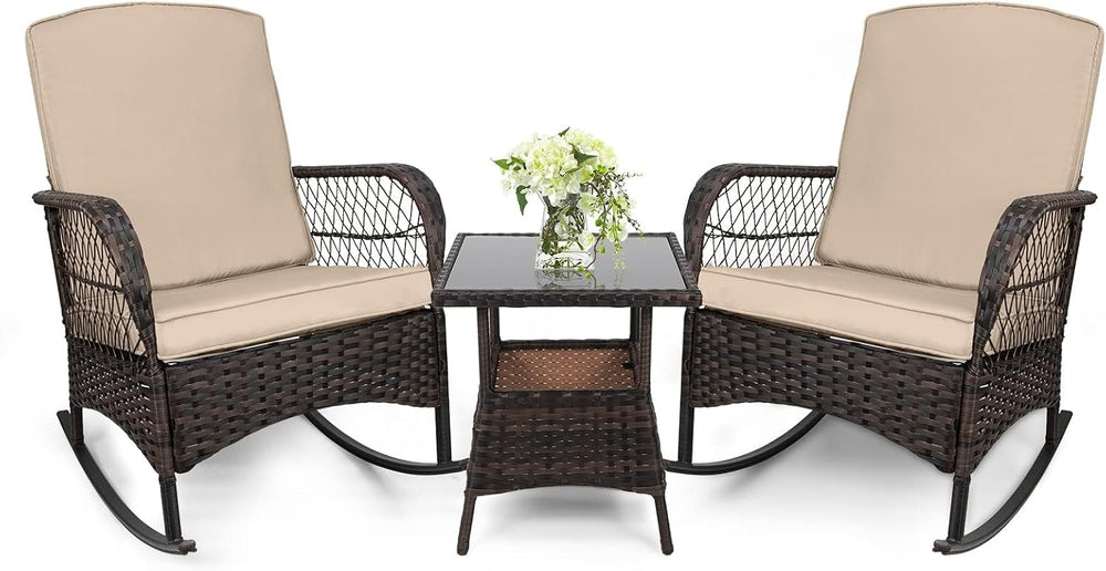 LEVELEVE 3 pcs Rocking Bistro Set Conversation Chairs PE Wicker Outdoor Rocki...