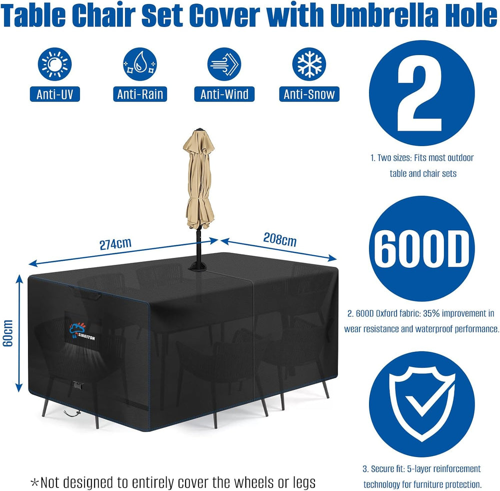 SIRUITON 108" Rectangular Patio Dining Table Cover with Umbrella Hole 600D
