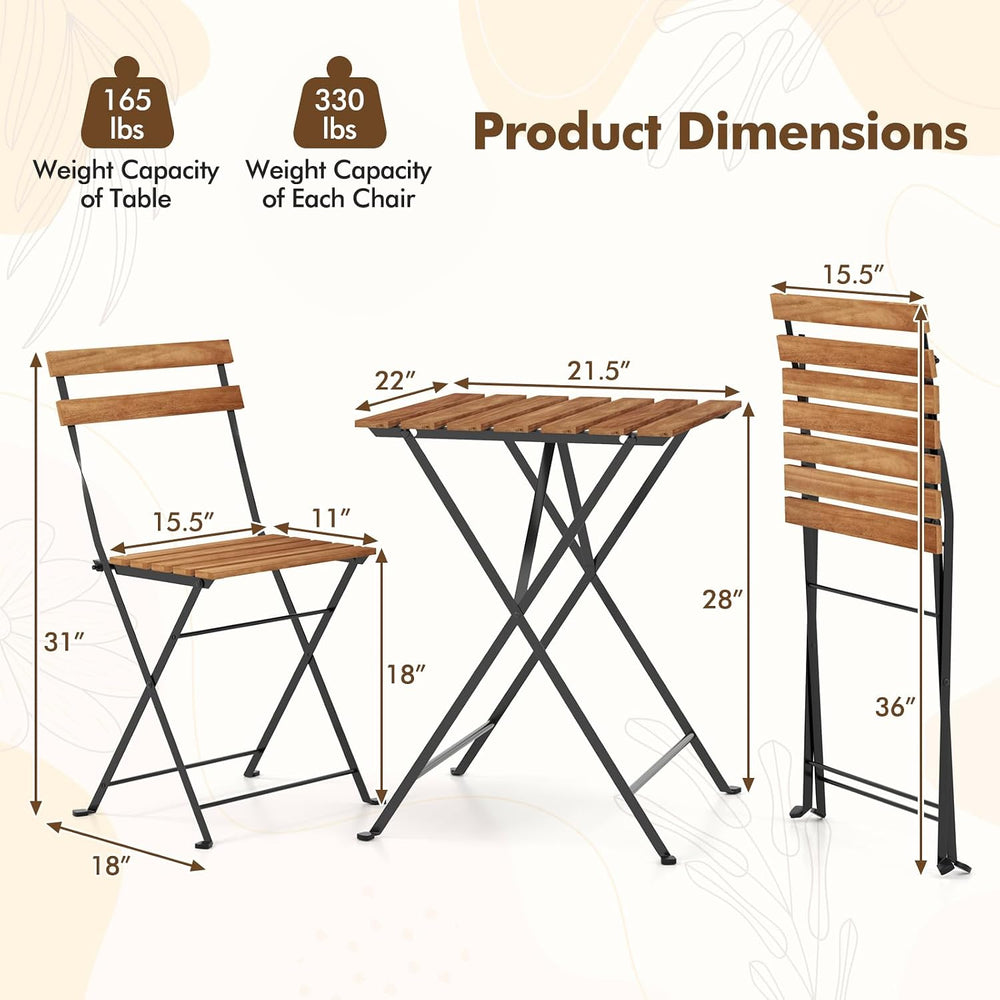 GIANTEX 3-Piece Acacia Wood Bistro Set, Patio Bistro Table with 2 Folding Cha...
