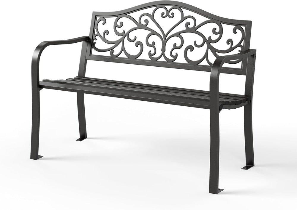 Sophia & William 43 Inches Outdoor Bench, Metal Garden Bench, Floral Black
