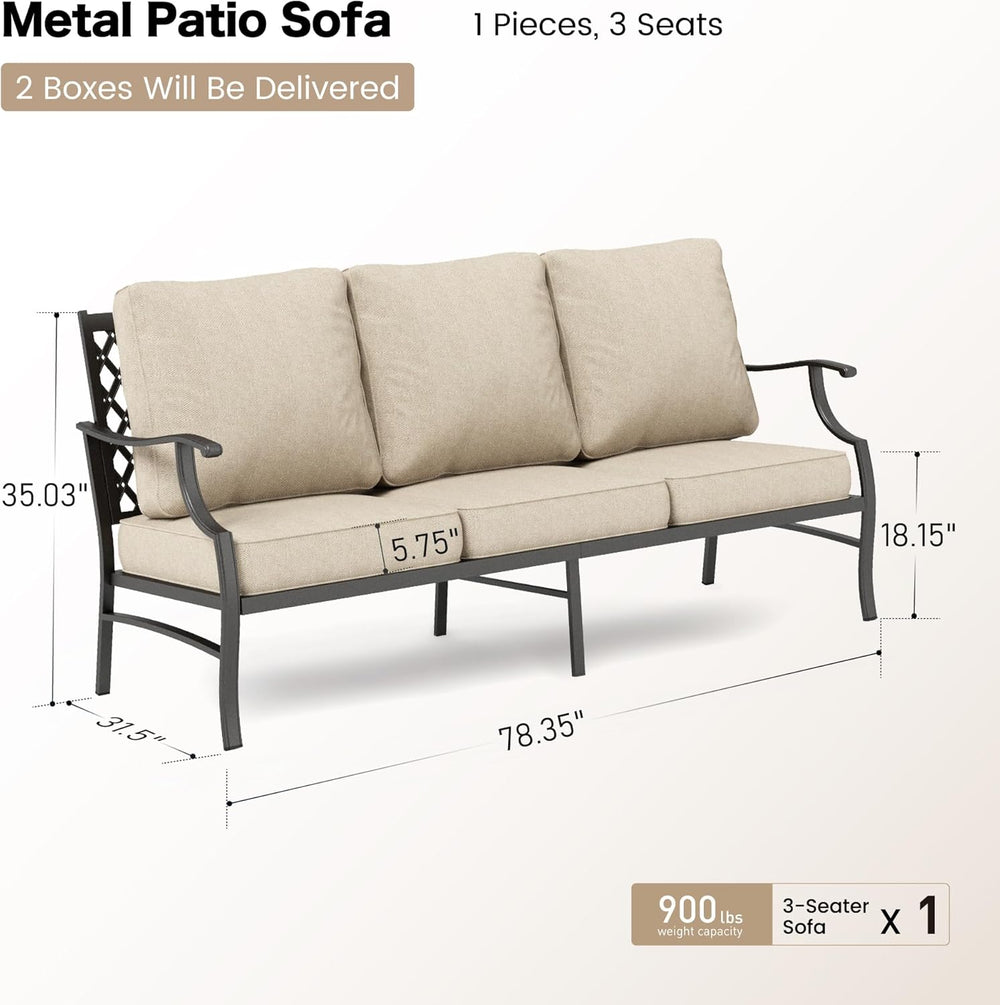 3-Seat Outdoor Patio Sofa, Metal Frame, Beige