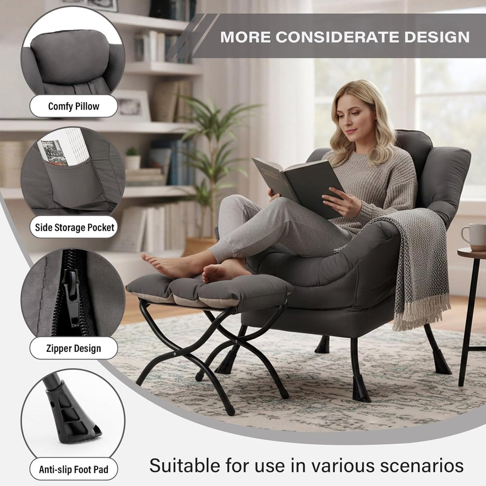 Modern Lazy Chair with Ottoman, Comfy Accent Reading Chair for Living Room