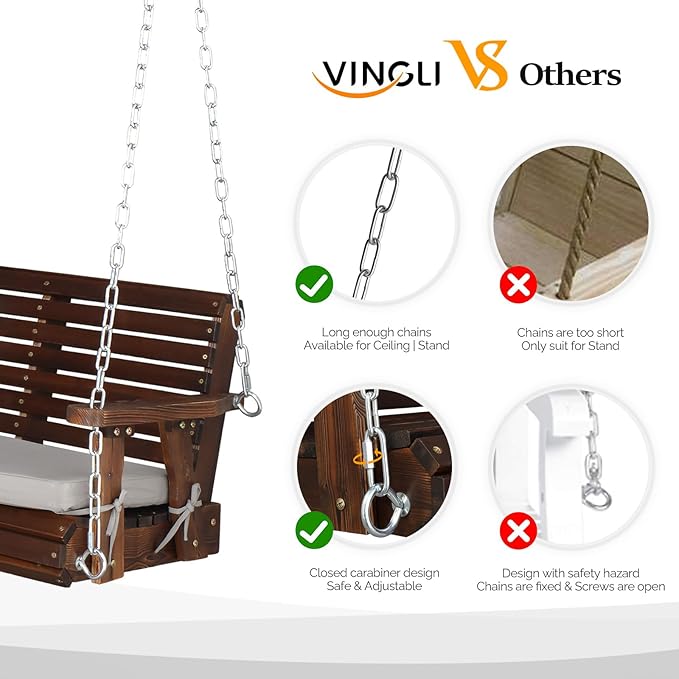 VINGLI Heavy Duty 880 LBS Patio Wooden Porch Swing Outdoor with Extra Cushion...