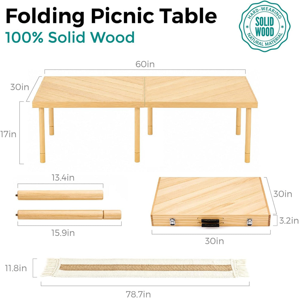 Boho Folding Low Picnic Table 60"x30", Solid Wood Portable Beach Ca...