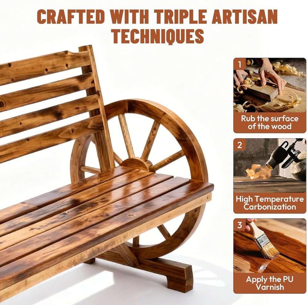 VINGLI Rustic Wooden Wheel Bench Outdoor Bench, Patio Bench Wagon Slatted Sea...