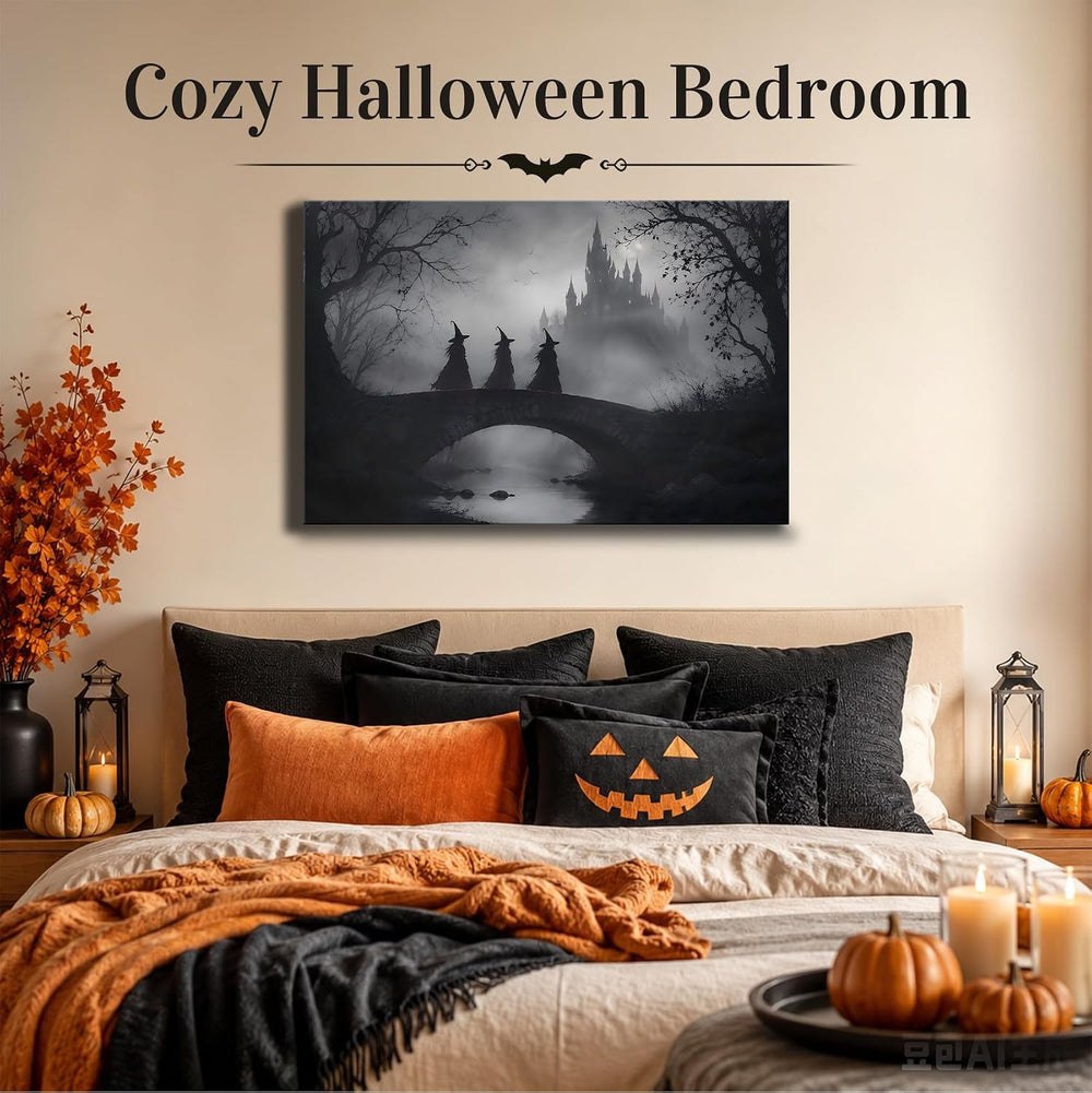 Framed Halloween Witch Canvas Wall Art, Black White Haunted Mansion Bridge Sc...
