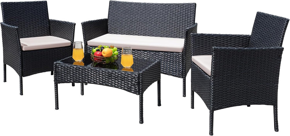 Greesum 4 Pieces Patio Furniture Conversation Sets,Black and Beige