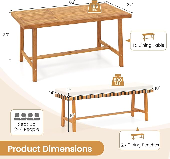 Tangkula 3 Piece Patio Dining Set for 4 People, 63” Outdoor Acacia Wood Recta...
