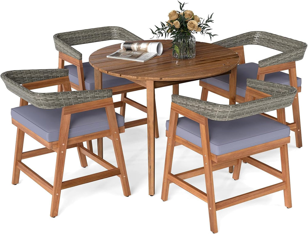 Tangkula 5 Piece Patio Dining Set for 4, Outdoor Solid Wood Round Table with ...