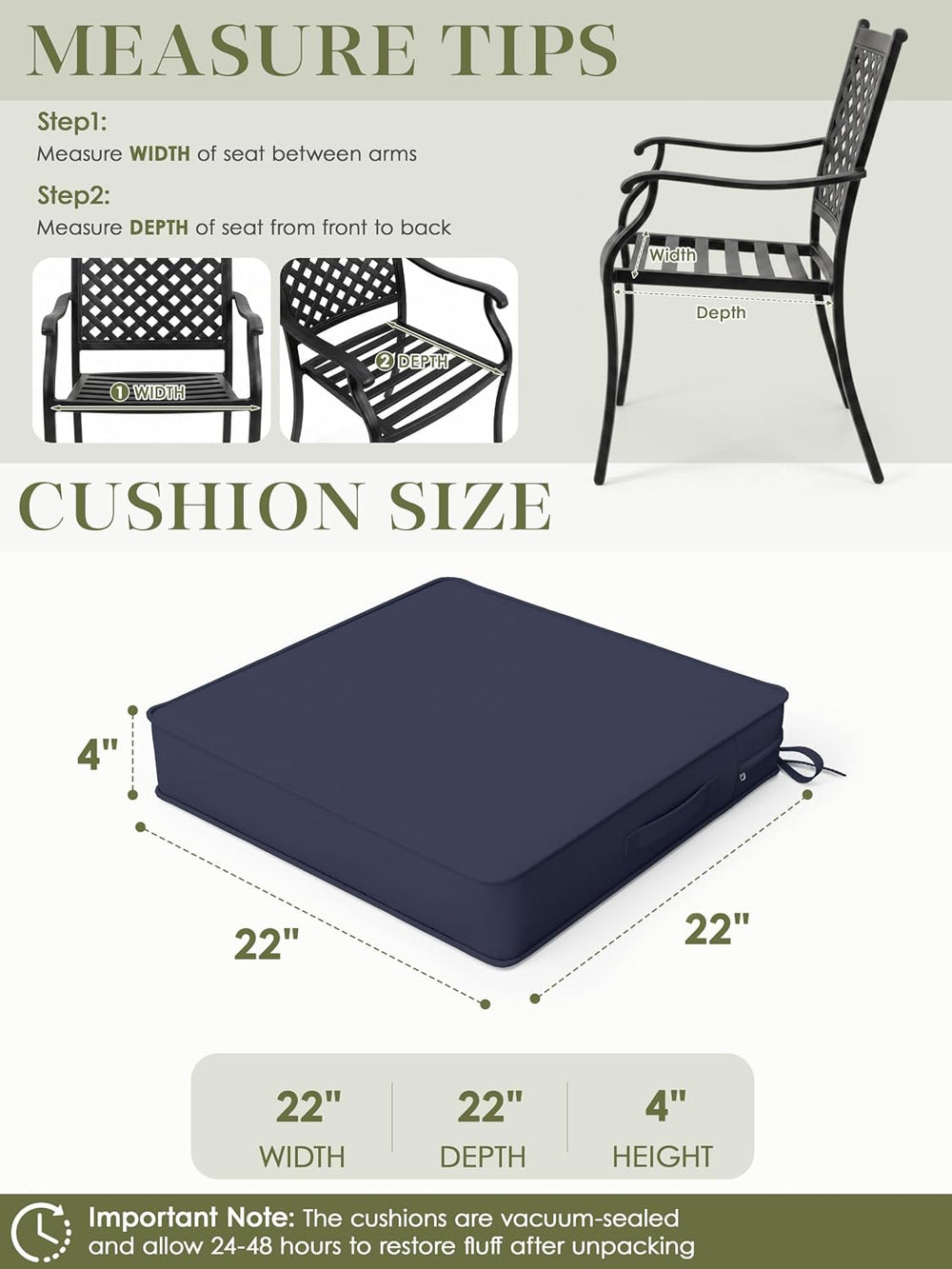 Outdoor Chair Cushions Set of 4,22x22x4 Inch Waterproof Seat Pad