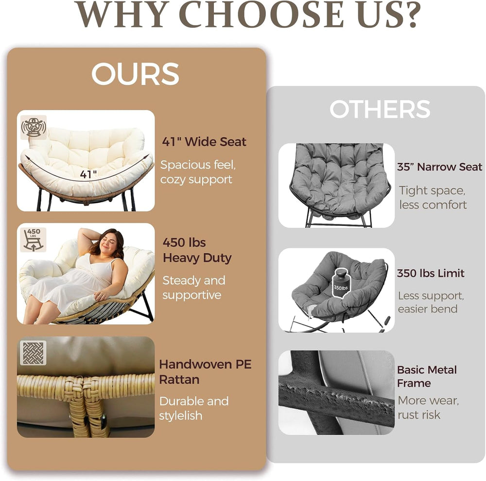 FINCATI Outdoor Indoor Papasan Rocking Chair, Oversized Rattan Lounge Chair