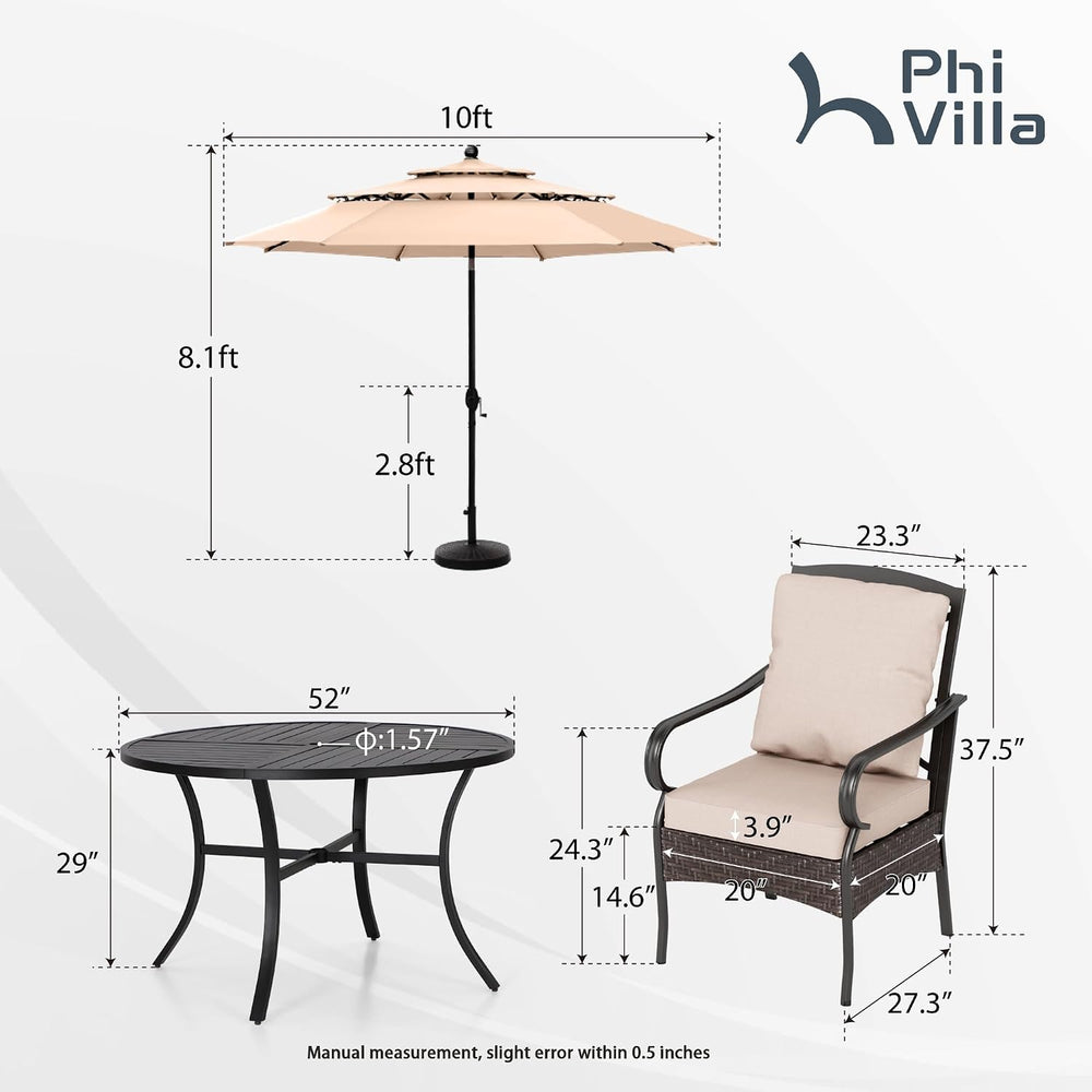 PHI VILLA 5 Piece Round Patio Dining Set with Umbrella, Wicker Chairs