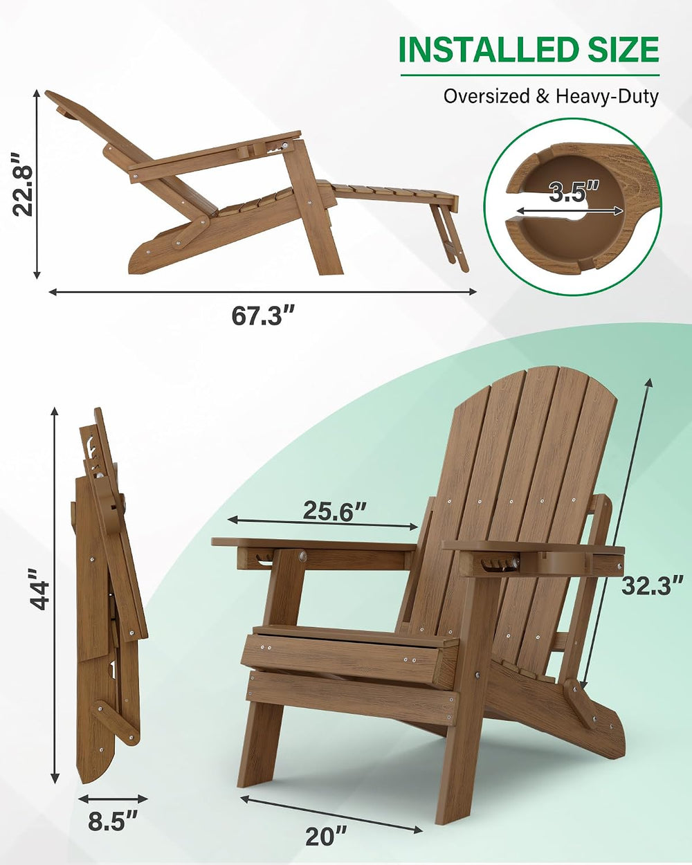 YEFU Adjustable Adirondack Chair with Footrest,All-Weather, Set of 2,Walnut