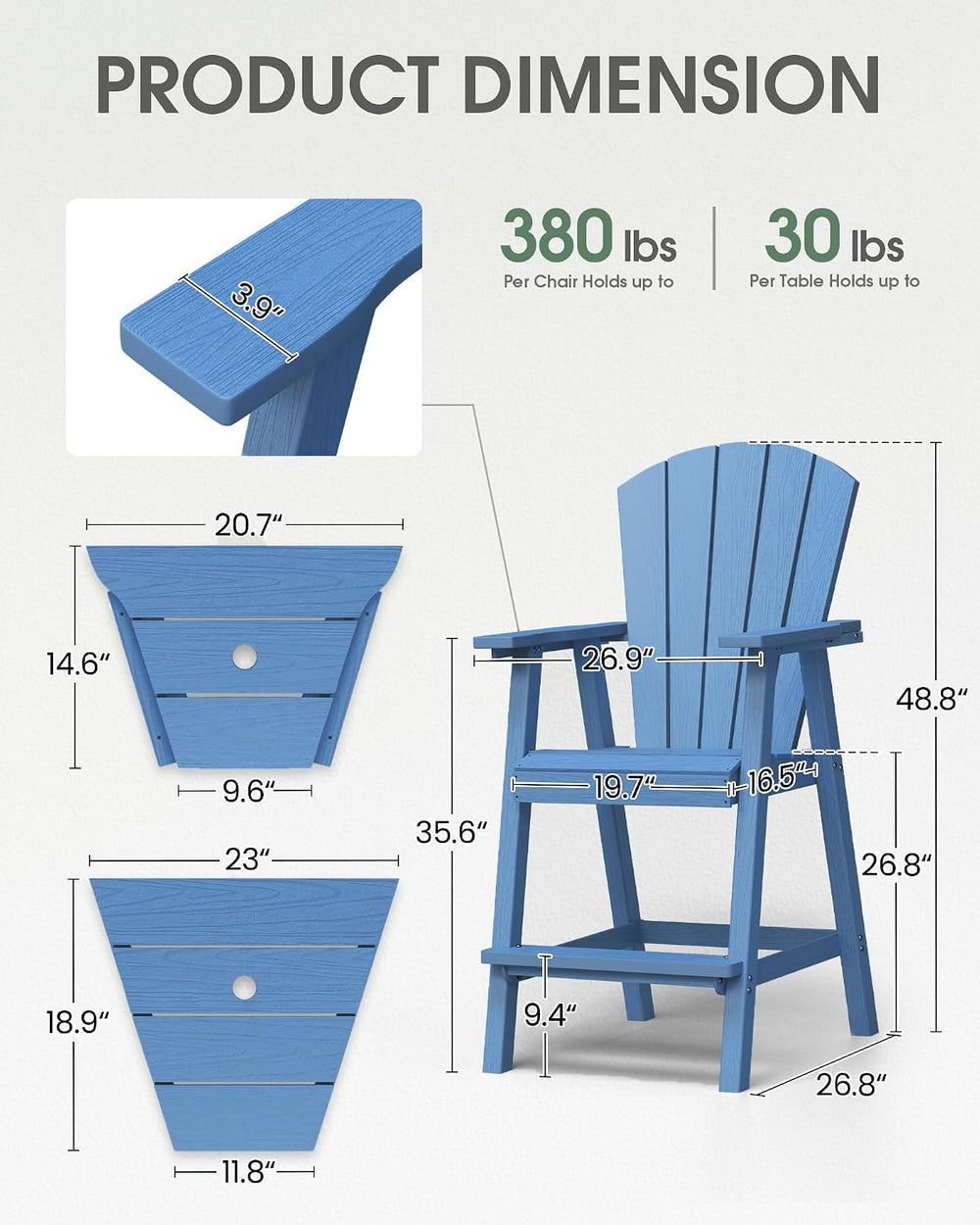 Tall Adirondack Chairs Set of 2 with Double Removable Trays, Blue