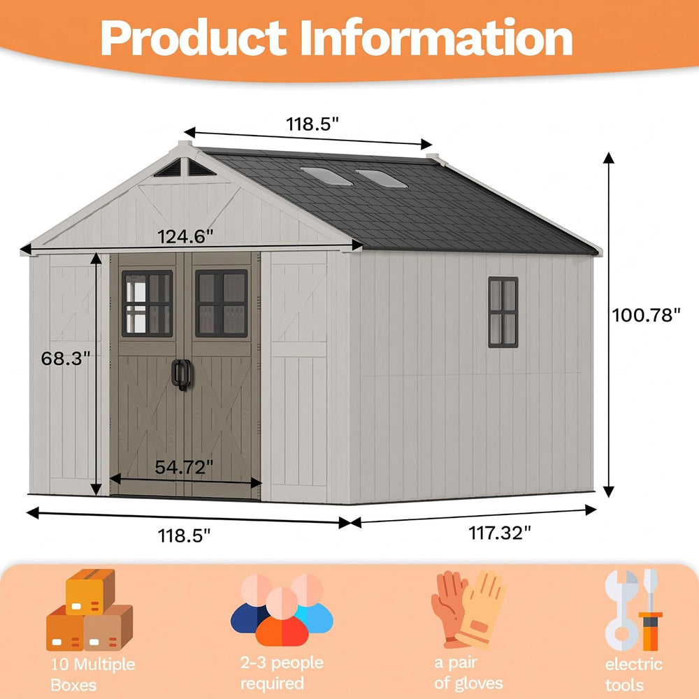 Devoko 10x10 FT Resin Storage Shed with Floor, Large Outdoor Plastic Sheds
