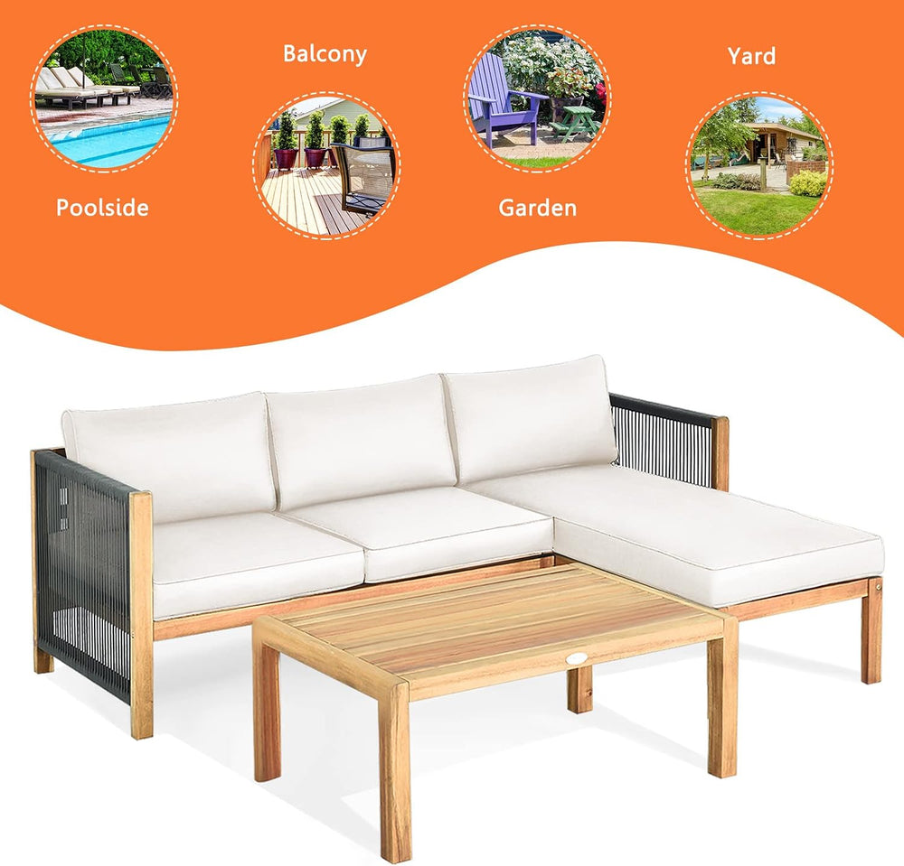 Tangkula L Shape Outdoor Furniture Set, 3 Piece Acacia Wood Patio Conversatio...