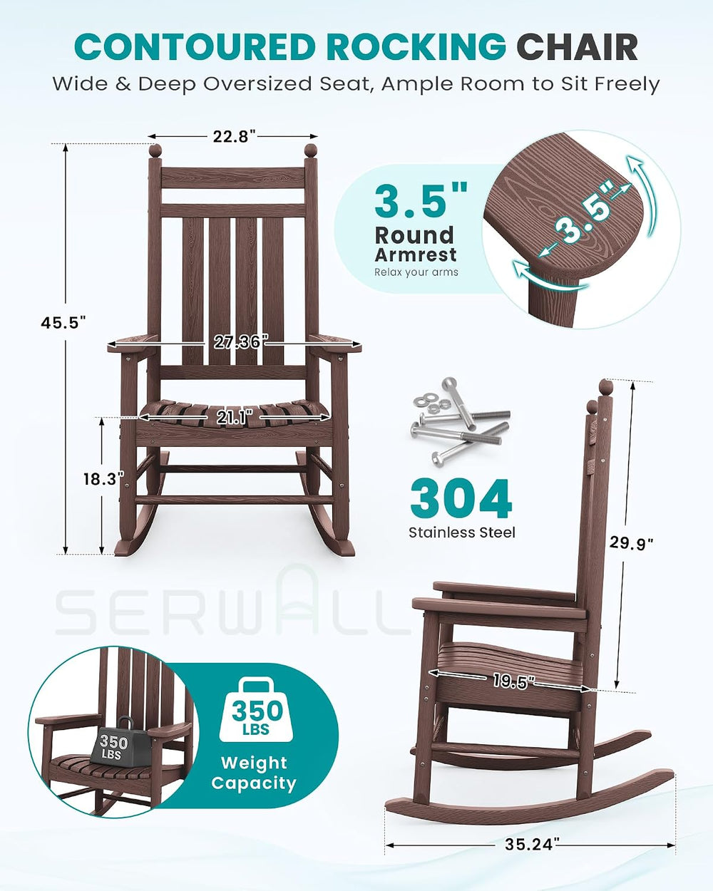 SERWALL Comfortable Outdoor Rocking Chairs Set of 3, Brown