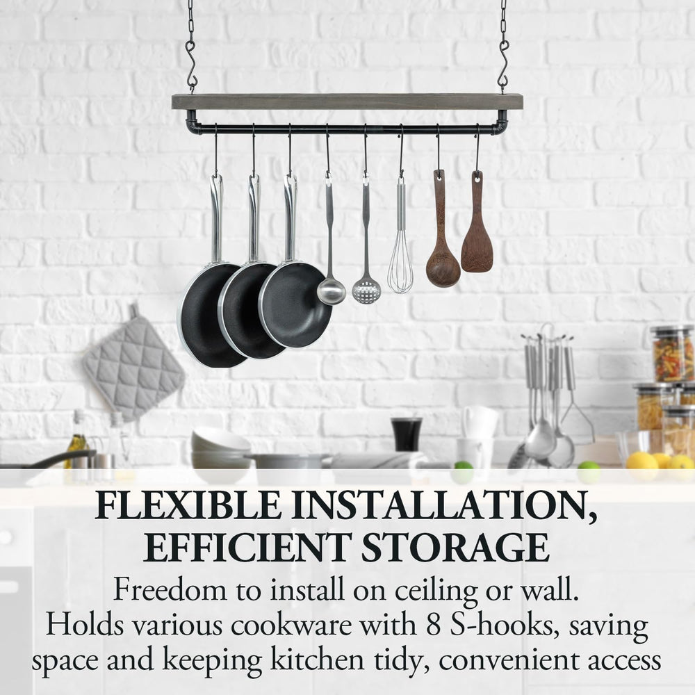 MyGift Wall Ceiling Pot Rack with Shelf, Black Pipe Cookware Organizer