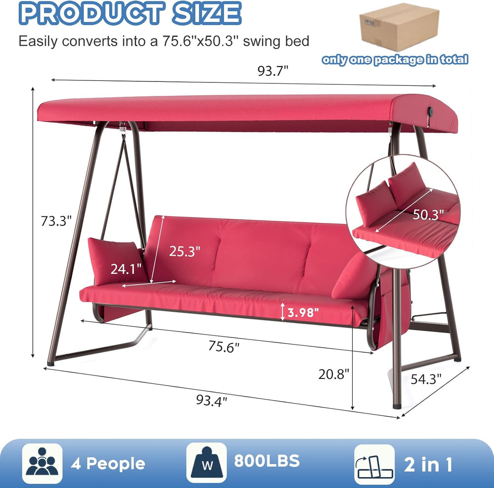 3-4 Seat Outdoor Porch Swing with Adjustable Canopy Patio Swing Bed with Stan...