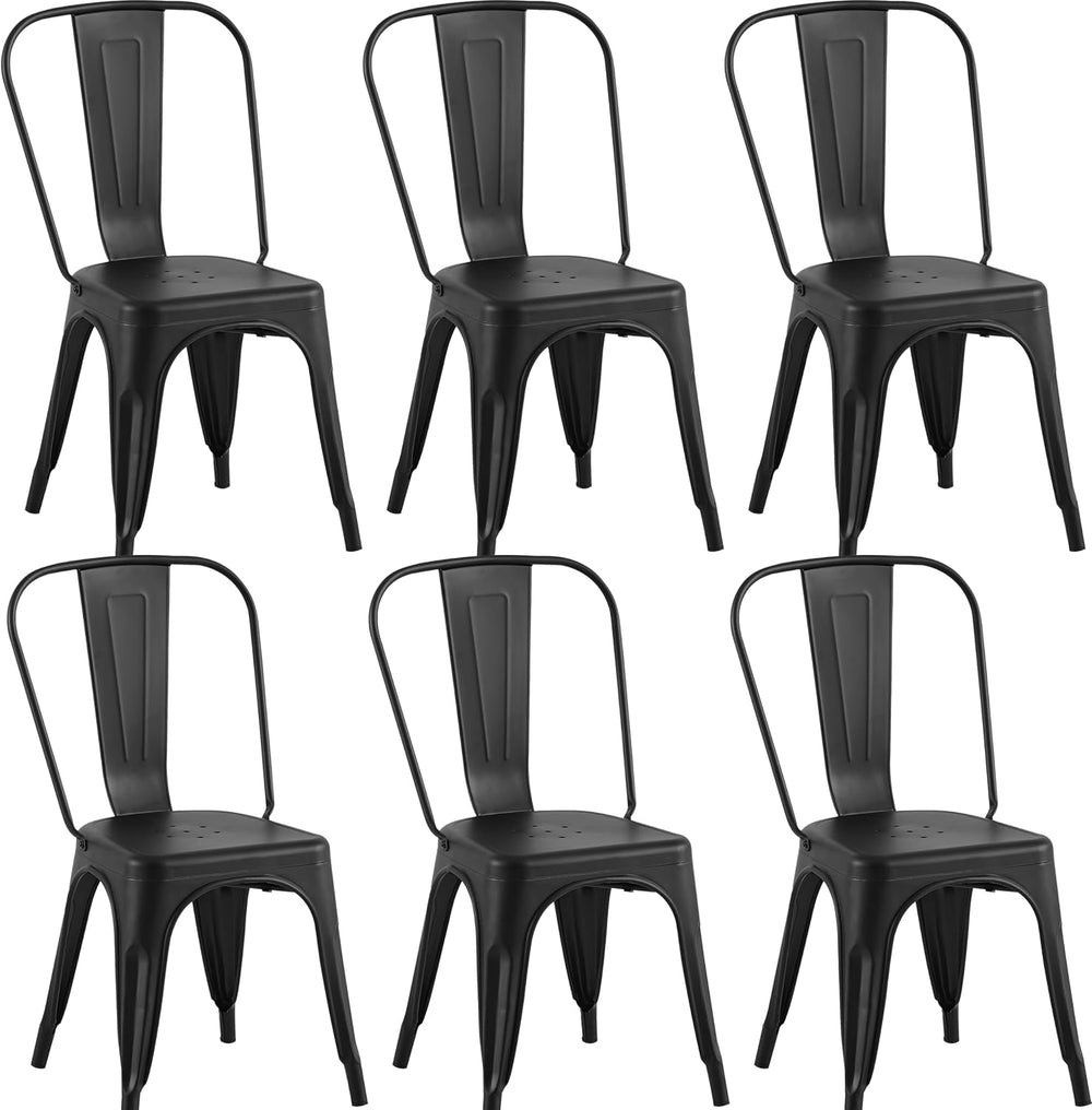 Metal Dining Chairs with Backrest, Stackable, Matte Black, 6 Pack